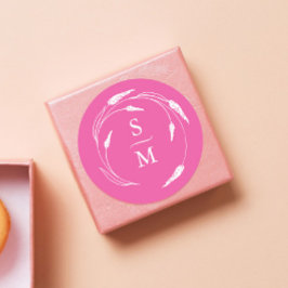 Pegatina Redonda Pegatinas de bodas de monograma rosa de Fuchsia