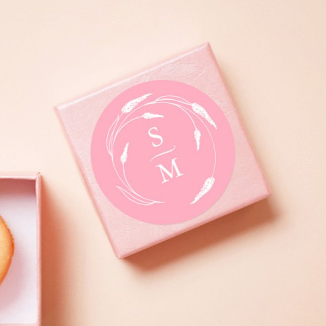 Pegatina Redonda Pegatinas de bodas de monograma rosado (Wedding favor stickers monogram pink floral line art by  Victoria Grigaliunas of Do Tell A Belle)