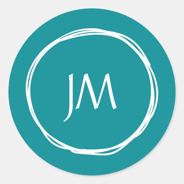 Pegatina Redonda Pegatinas de bodas de monograma verde azulado (Anverso)