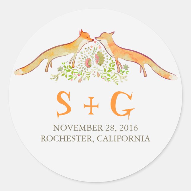 Pegatina Redonda Pegatinas de bodas de zorros (Anverso)