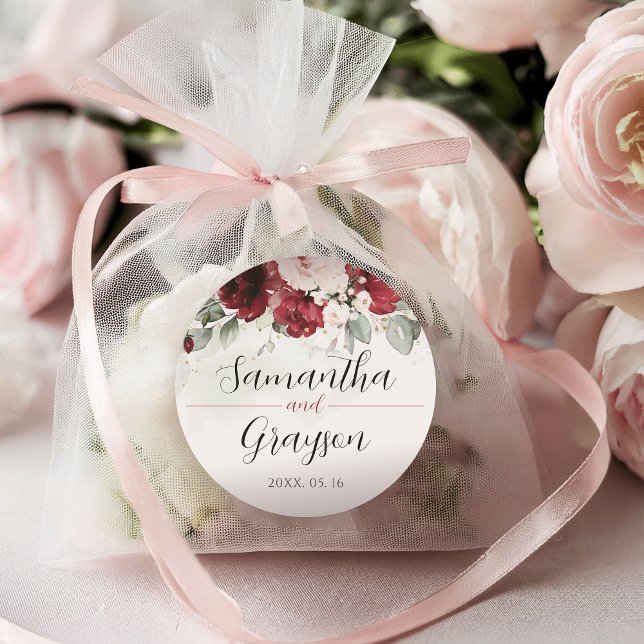 Pegatina Redonda Pegatinas de bodas florales rosadas de Borgoña y R (Subido por el creador)