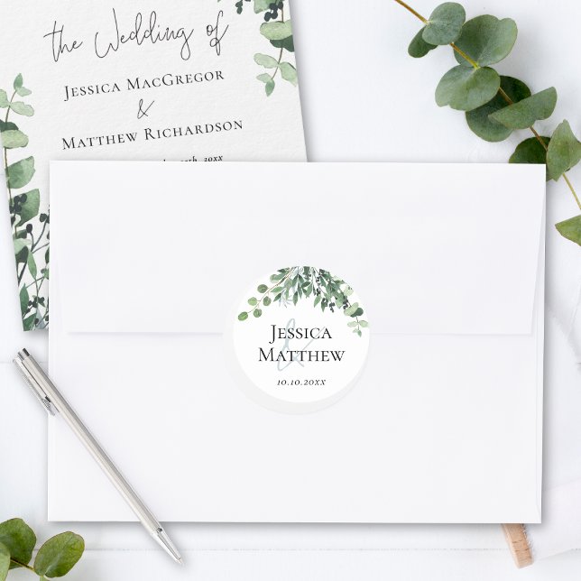 Pegatina Redonda Pegatinas de bodas rusticas de eucalipto (Rustic Eucalyptus Wedding Stickers)