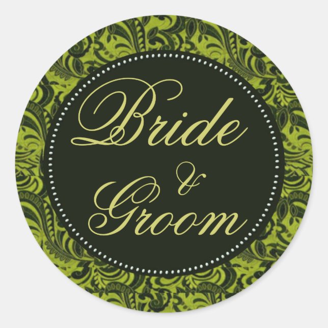 Pegatina Redonda Pegatinas de casamiento del patrón verde de Damask (Anverso)