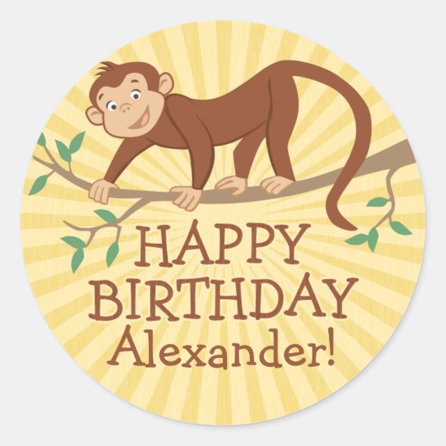 Pegatina Redonda Pegatinas de cumpleaños de monos personalizados (Anverso)