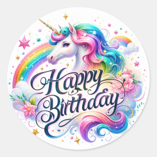 Pegatina Redonda Pegatinas de cumpleaños de Unicornio (Anverso)
