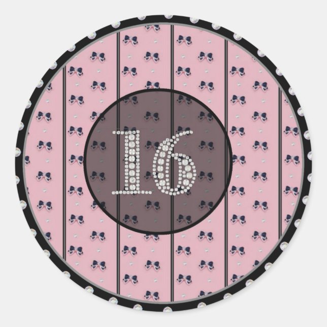 Pegatina Redonda Pegatinas de cumpleaños Glitzy Sweet 16 (Anverso)