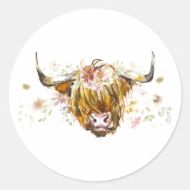Pegatina Redonda Pegatinas de Cute Highland Floral Cow