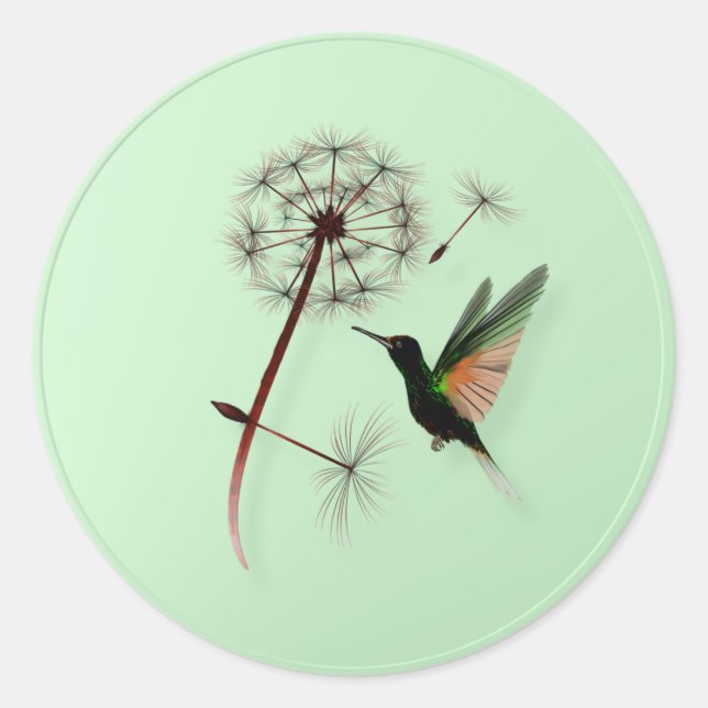 Pegatina Redonda Pegatinas de Dandelion y Little Green Hummingbird (Anverso)