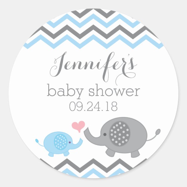 Pegatina Redonda Pegatinas de Elephant Baby Shower | Chevron gris a (Anverso)