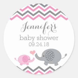 Pegatina Redonda Pegatinas de Elephant Baby Shower   Chevron gris r