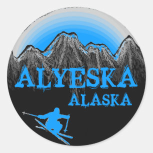 Pegatina Redonda Pegatinas de esquí azul Alyeska Alaska