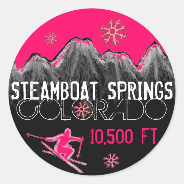 Pegatina Redonda Pegatinas de esquí rosa de Steamboat Springs Color (Anverso)