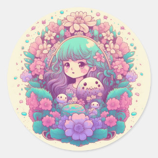 Pegatina Redonda Pegatinas de flores chicas de anime Pastel kawaii