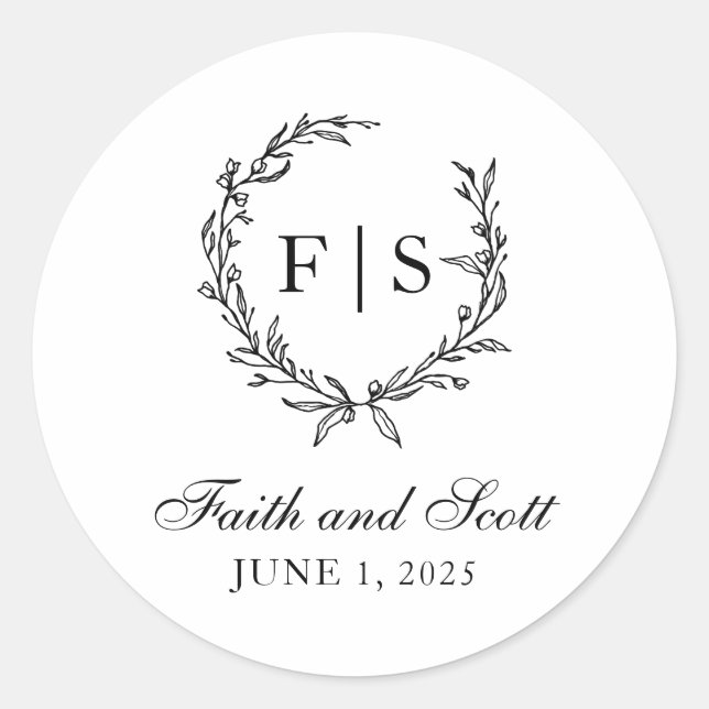 Pegatina Redonda Pegatinas de guirnaldas de monograma negro y blanc (Anverso)