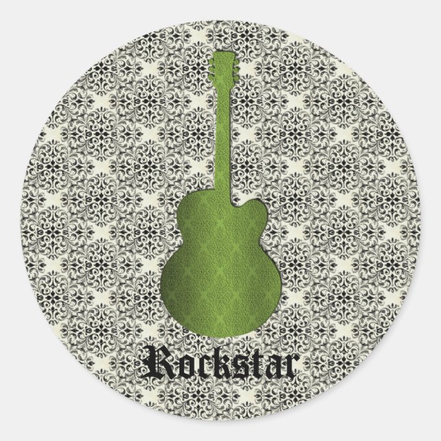 Pegatina Redonda Pegatinas de guitarra Rockstar Damask, Olive Green (Anverso)