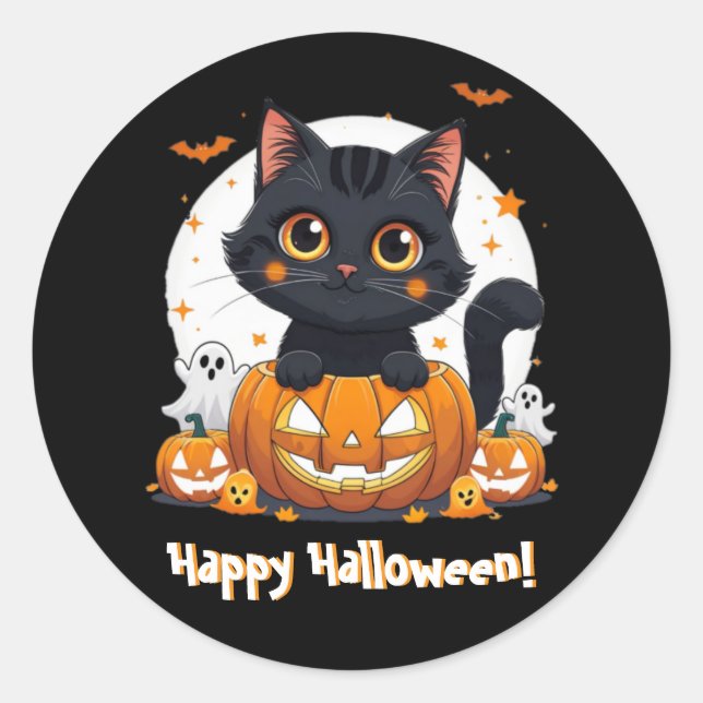 Pegatina Redonda Pegatinas de Halloween con felino negro | Kawaii (Anverso)