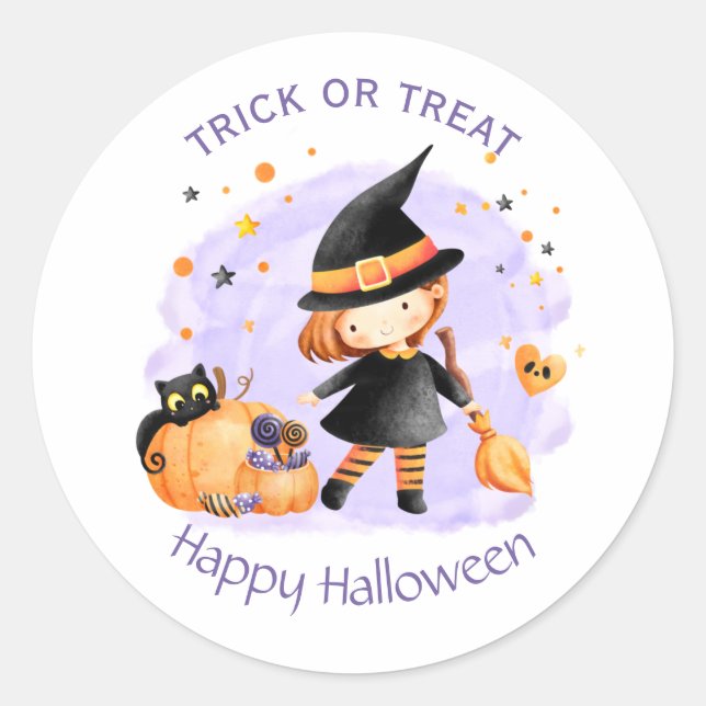 Pegatina Redonda Pegatinas de Halloween de Cute Witch Happy (Anverso)