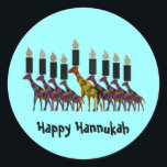Pegatina Redonda Pegatinas de Hannukah felices<br><div class="desc">Ilustracion gráfico del colorido Hannukah menorah con el diseño de arte animal de las jirafas. Envíe un mensaje a sus amigos y familiares en estas vacaciones.</div>