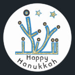 Pegatina Redonda Pegatinas de Hanukkah "Blue Bling Menorah"<br><div class="desc">Pegatinas de la Fiesta de Hanukkah, "Menorah azul" Como sea, lo deletreé, Chanukah es uno de mis feriados favoritos. ¡Diviértase usando a estos pegatinas como topes de pasteles, etiquetas de regalo, cierres de bolsos de favores o lo que sea que haga que sus festividades se rompan! Personalice borrando, "Happy Hanukah"...</div>