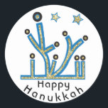 Pegatina Redonda Pegatinas de Hanukkah "Blue Bling Menorah"<br><div class="desc">Pegatinas de la Fiesta de Hanukkah, "Menorah azul" Como sea, lo deletreé, Chanukah es uno de mis feriados favoritos. ¡Diviértase usando a estos pegatinas como topes de pasteles, etiquetas de regalo, cierres de bolsos de favores o lo que sea que haga que sus festividades se rompan! Personalice borrando, "Happy Hanukah"...</div>