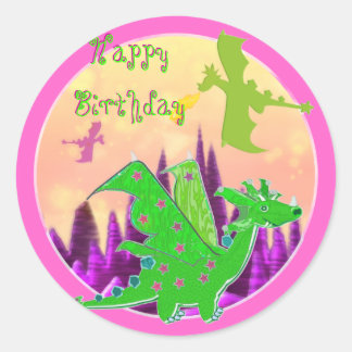 Pegatina Redonda Pegatinas de Happy Birthday Dragon