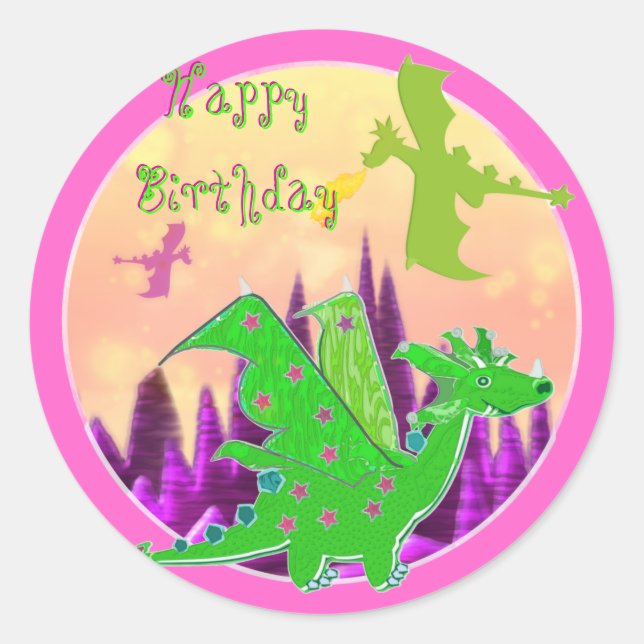 Pegatina Redonda Pegatinas de Happy Birthday Dragon (Anverso)