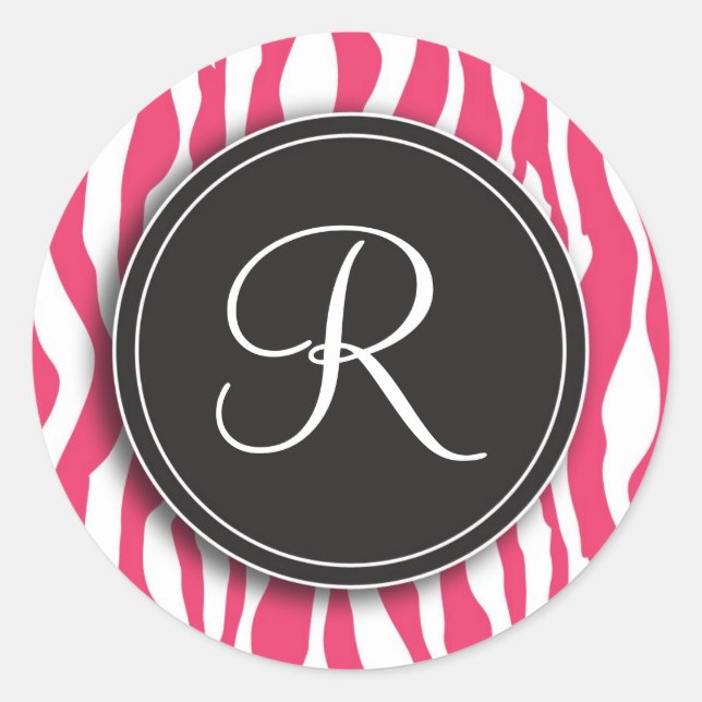 Pegatina Redonda Pegatinas de impresión de cebra rosa con monograma (Anverso)