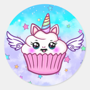 Pegatina Redonda Pegatinas de Kawaii con pastel de unicornio con ar