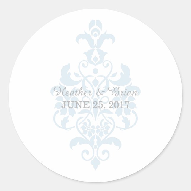 Pegatina Redonda Pegatinas de la boda Blue Subtle Damask (Anverso)