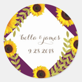 Pegatina Redonda Pegatinas de la boda del girasol de la ciruela rús