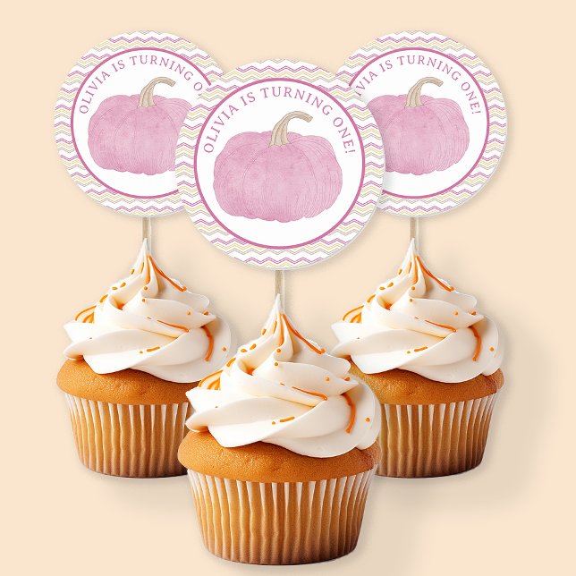 Pegatina Redonda Pegatinas de la Calabaza Rosada de cumpleaños (Pink Pumpkin Party Favor)