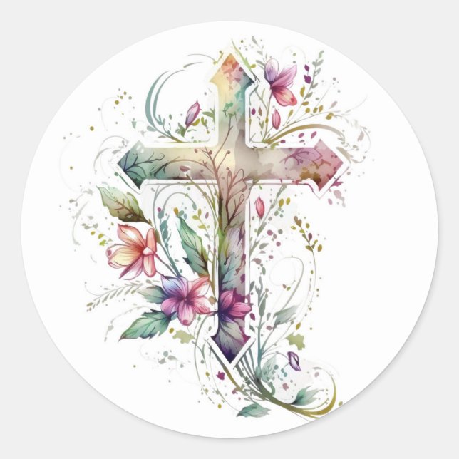 Pegatina Redonda Pegatinas de la Cruz Floral (Anverso)