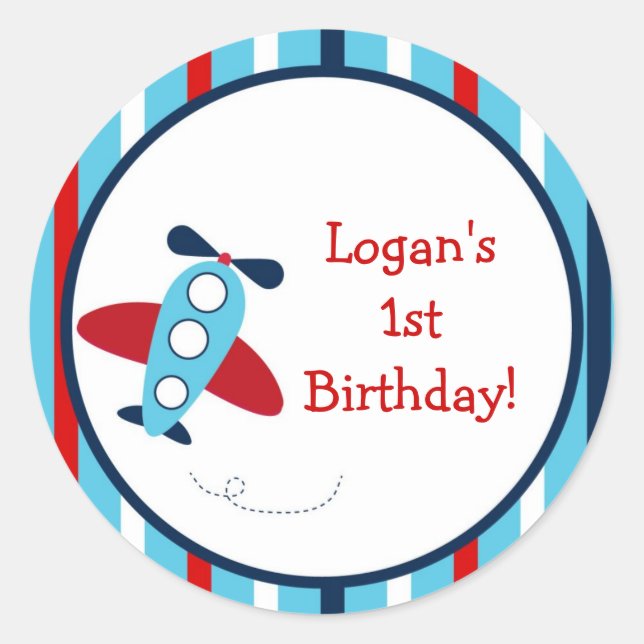 Pegatina Redonda Pegatinas de la Fiesta del Cumpleaños del Avión (Anverso)
