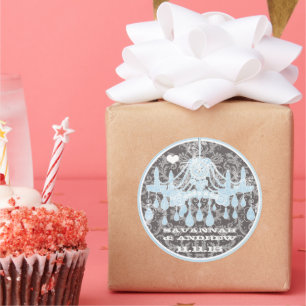 Pegatina Redonda Pegatinas de la lámpara de araña de Damasco azul y