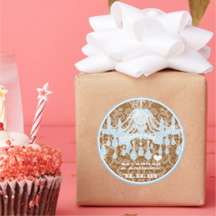 Pegatina Redonda Pegatinas de la lámpara de araña de Damasco azul y