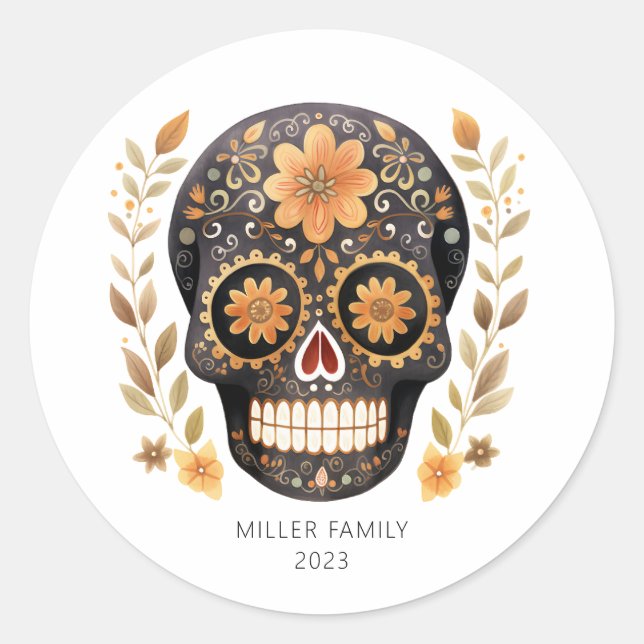 Pegatina Redonda Pegatinas de la Ronda de Cráneo de Azúcar (Anverso)