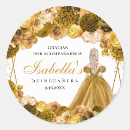 Pegatina Redonda Pegatinas de la Ronda Quinceanera de Floral Dorada