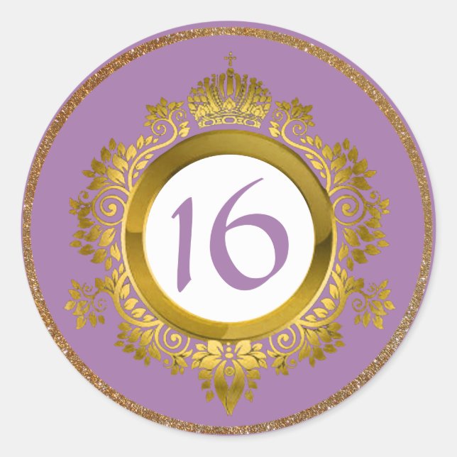 Pegatina Redonda Pegatinas de los 16 años de Ornate Gold y Violet S (Anverso)