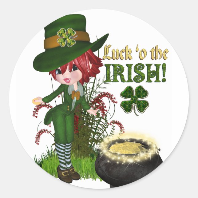 Pegatina Redonda Pegatinas de Luck O'the Irish Leprechaun (Anverso)