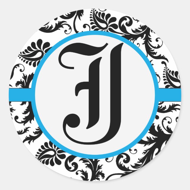 Pegatina Redonda Pegatinas de matrimonio Aquamarine Damask Monogram (Anverso)