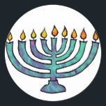 Pegatina Redonda Pegatinas de Menorah<br><div class="desc">Menorah azul con velas parpadeantes.</div>
