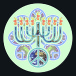 Pegatina Redonda Pegatinas de Menorah Earth Peace<br><div class="desc">Menorah con símbolo de paz en el patrón de la tierra. Diseño de Chanukah.</div>