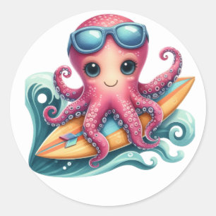 Pegatina Redonda Pegatinas de Octopus de Surfing