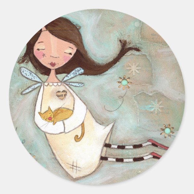 Pegatina Redonda Pegatinas de On a Wing y a Purr - Angel (Anverso)