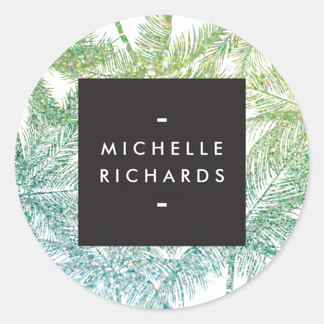 Pegatina Redonda Pegatinas de palmas Purpurinas Tropical Green/Aqua (Anverso)