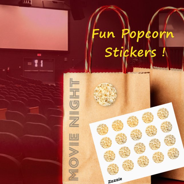 Pegatina Redonda Pegatinas de palomitas, hoja (Popcorn stickers for movie night, circus party and more)