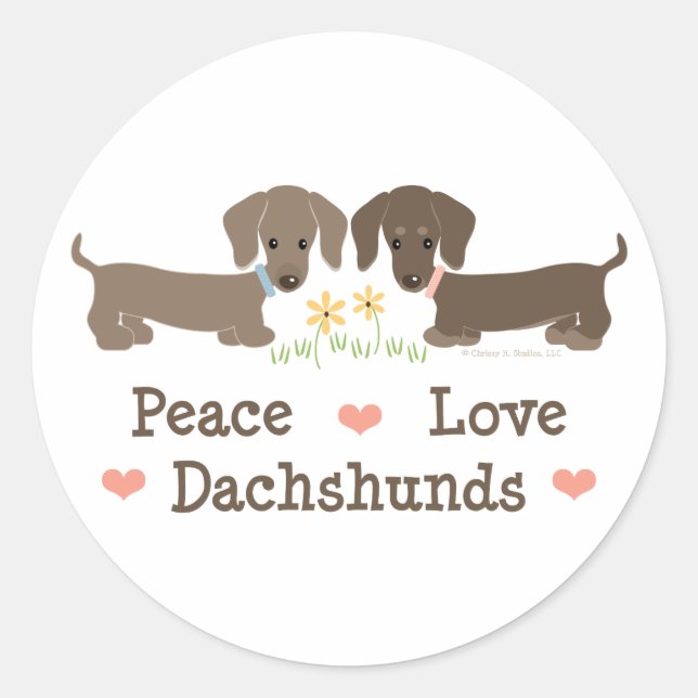 Pegatina Redonda Pegatinas de Peace Love Dachshunds (Anverso)