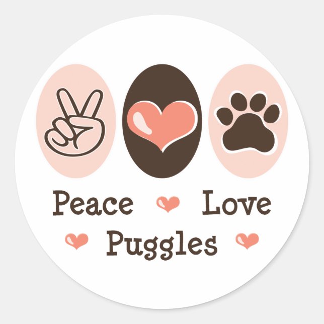 Pegatina Redonda Pegatinas de Peace Love Puggles (Anverso)
