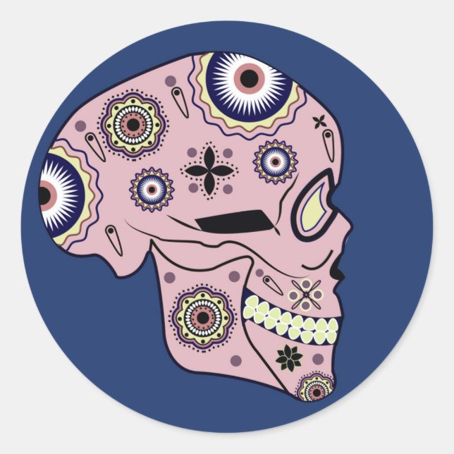 Pegatina Redonda pegatinas de perfil de cráneo de azúcar rosa (Anverso)