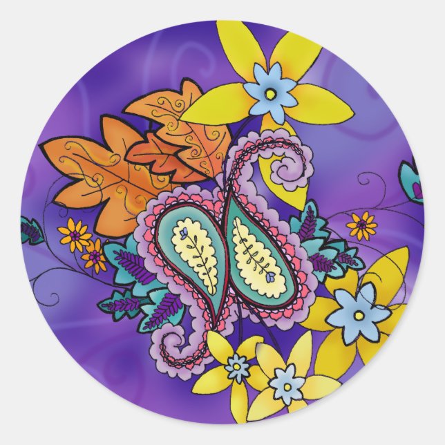 Pegatina Redonda Pegatinas de Purple Paisley (Anverso)